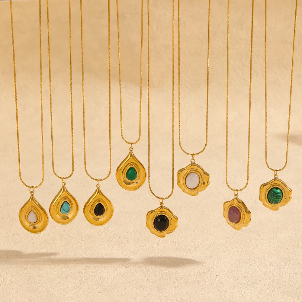 Modische Naturstein-Edelstahl-Anhänger-Halskette, vergoldet, französischer Retro-Schmuck für Damen – Detail 2