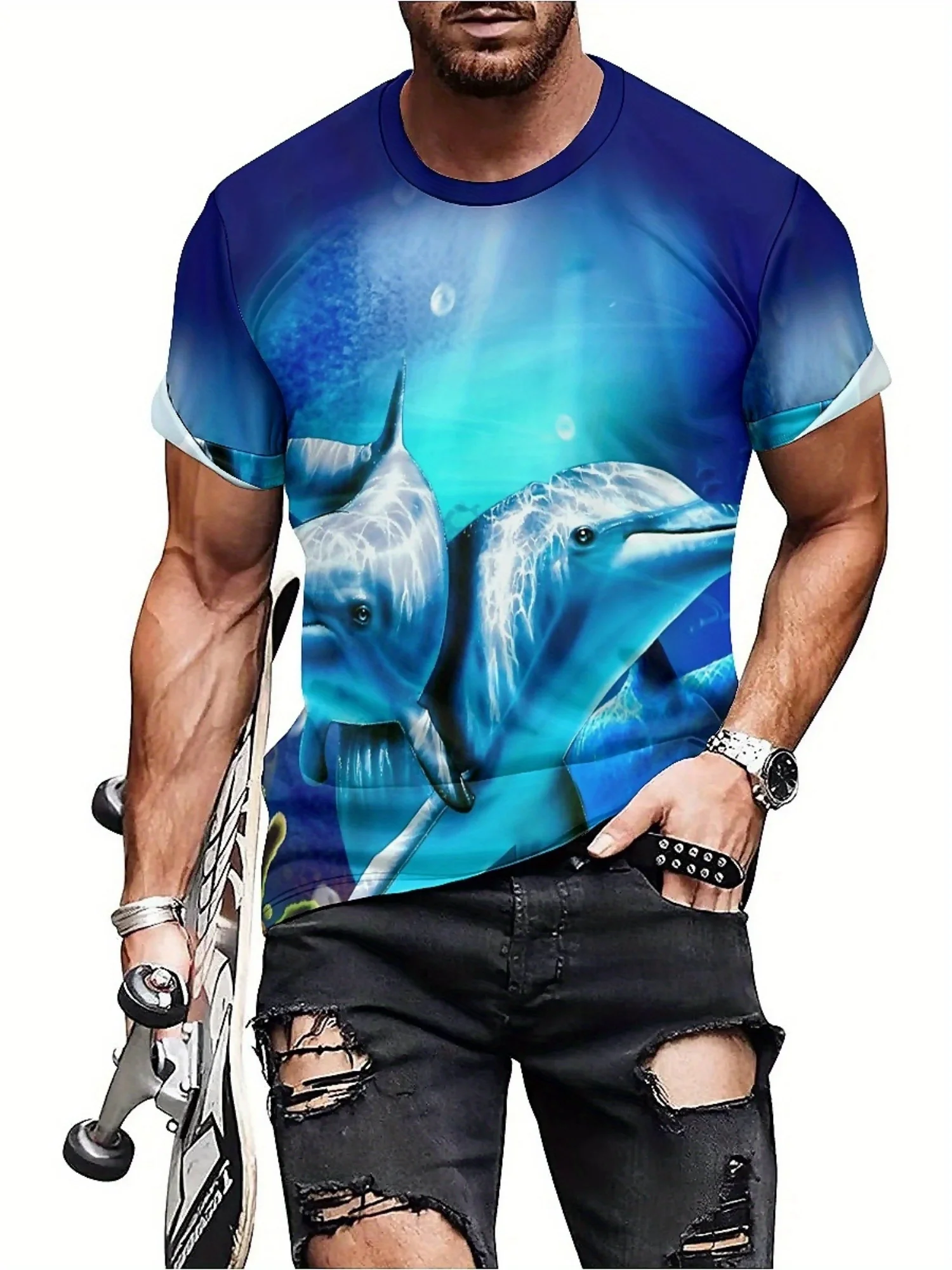 Men'S Ocean Animal Dolphin Print T-Shirt, Casual Crew Neck Short Sleeve Tee, Summer Graphic Top for Daily and Weekend Wear