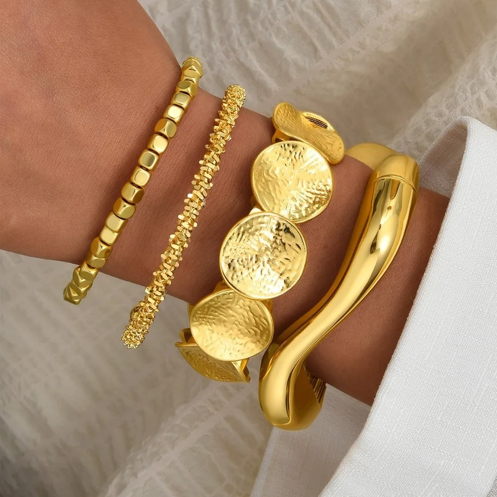 Delicate Punk Geometry Multilayer Bangles Gold Color Metal Bead Cuff Bracelets Hip Hop Fashion for 4Pcs/Set