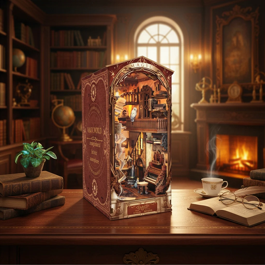 OUZEY 3D Livro de madeira Nook DIY Kit - Biblioteca escolar de feiticeiro misterioso, inserção de estante com tema mágico, presente artesanal criativo para adultos