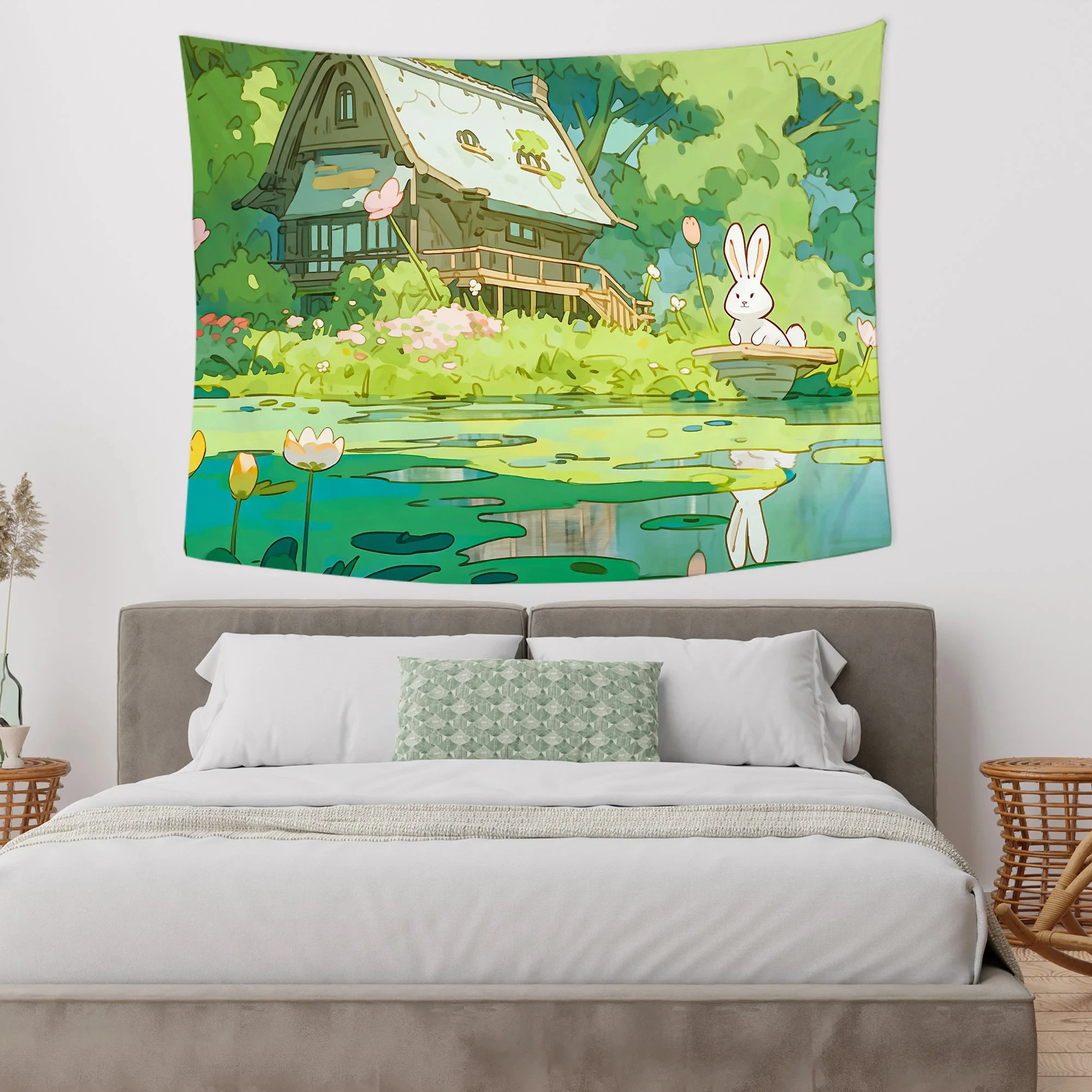 

Green Anime Forest Landscape Tapestry Kawaii Cute Bunny Tapestry Cartoon Rabbit Wall Hanging Flowers and Plants Backdrop Birthda