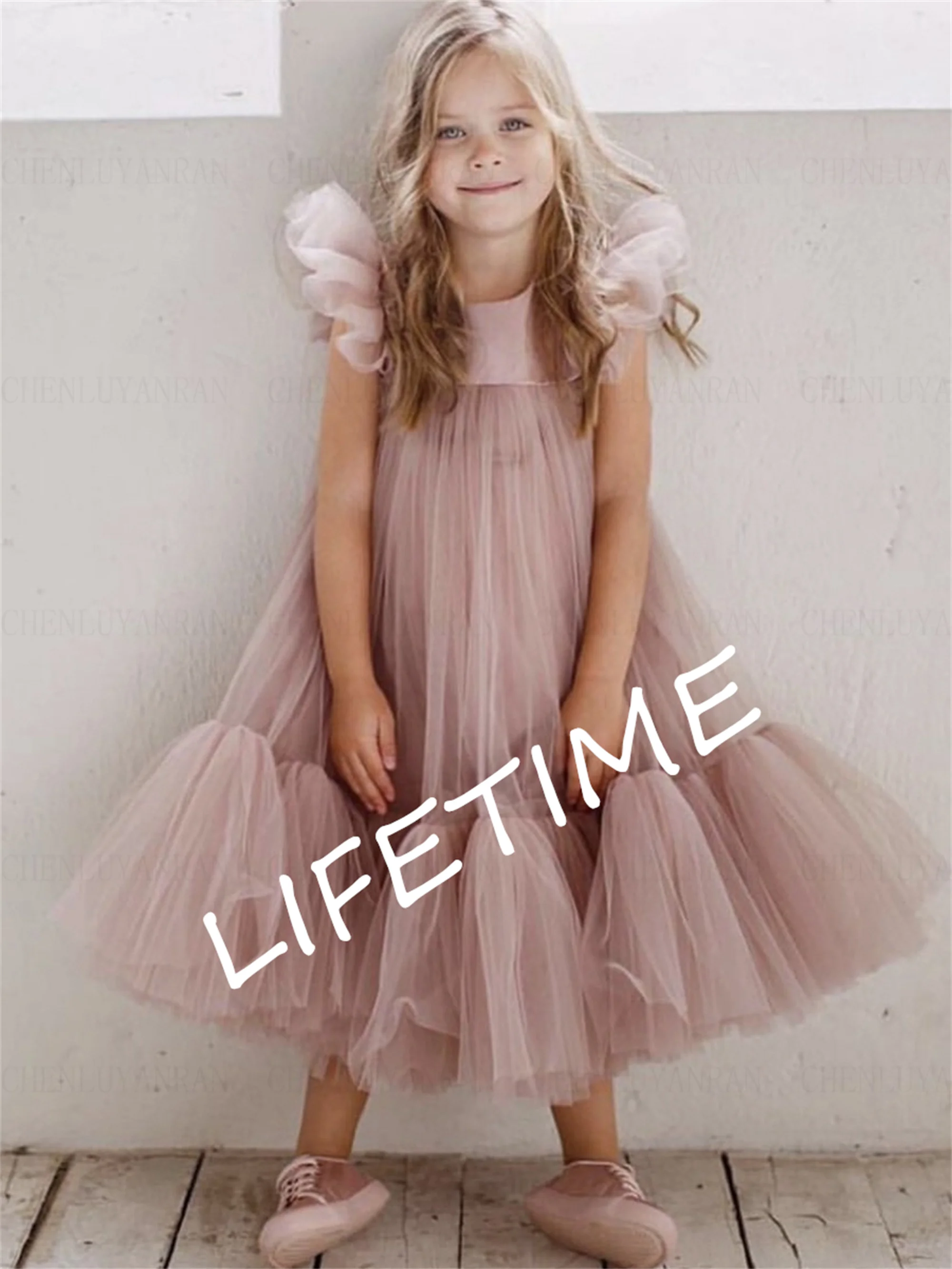 Pink Puffy Flower Girl Dresses O-Neck A-Line Girls Princess Wedding Party Dress Tea-Length Tulle First Communion Gown Dress