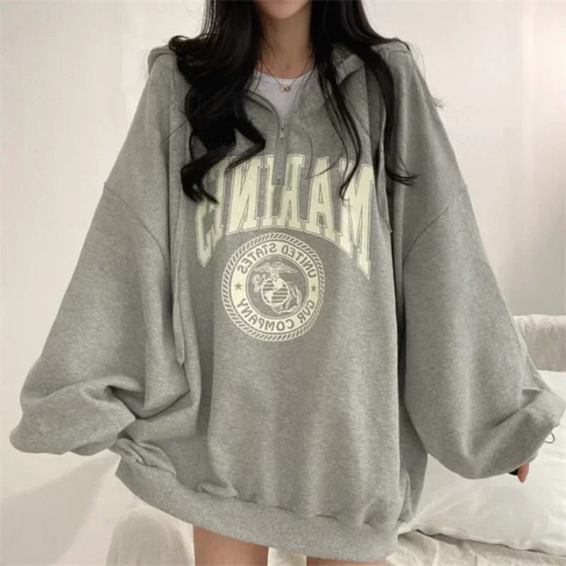 Spring Autumn Korean Harajuku Oversized Zip Up Hoodies Women Fashion Letter Print Casual Loose Sweatshirts Y2k Streetwear Women