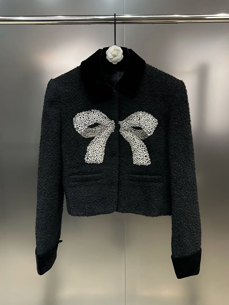 HIGH STREET Newest 2024 Fall Winter Designer Fashion Women Velvet Lapel Long Sleeved Diamond Studded Bow Tweed Jacket