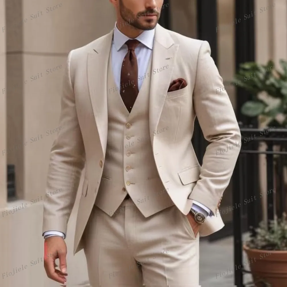 

Fashion Beige Men Suit Groom Groomsman Wedding Party Prom Business Formal Occasion Male Tuxedos 3 Piece Set Blazer Vest Pants