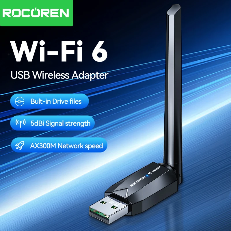 Rocoren WIFI 6 USB Adapter AX300M Network Card Dongle 2.4GHz External Antenna Signal Reception For Laptop Windows Driver Free