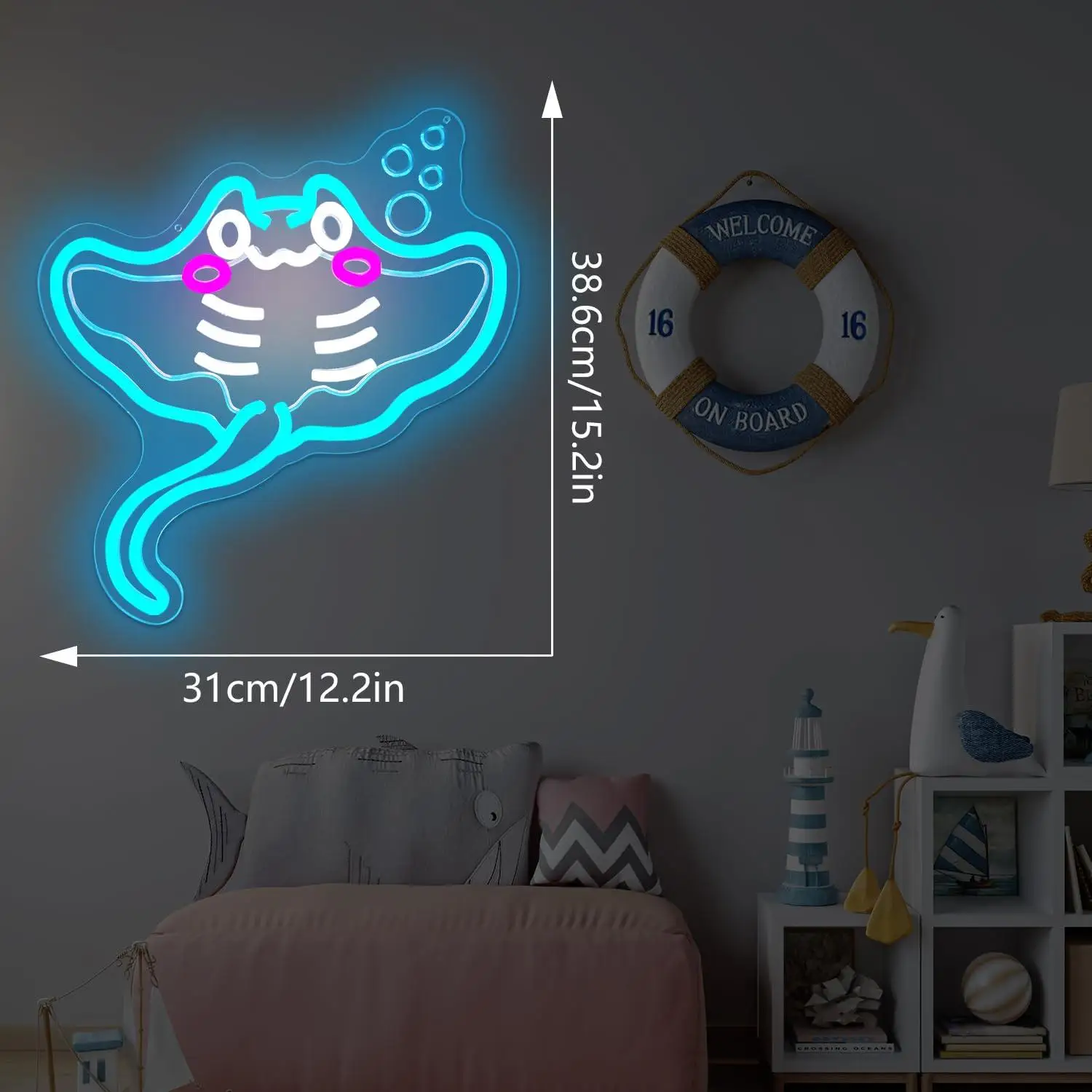 Cute Manta Ray Stingray Neon Sign USB Dimmable LED Light For Kids Bedroom Ocean Themed Wall Decoration Gift for Sea Animal Lover