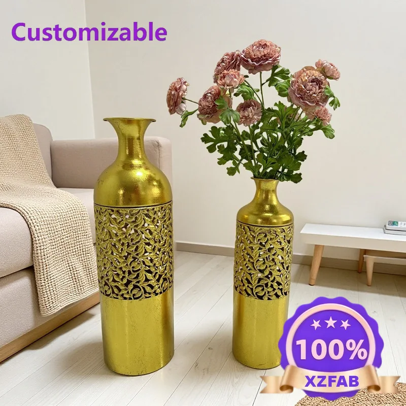 Factory Direct 2026 European retro gold big vase set rhombus texture metal flower arrangement bucket home living room entrance d