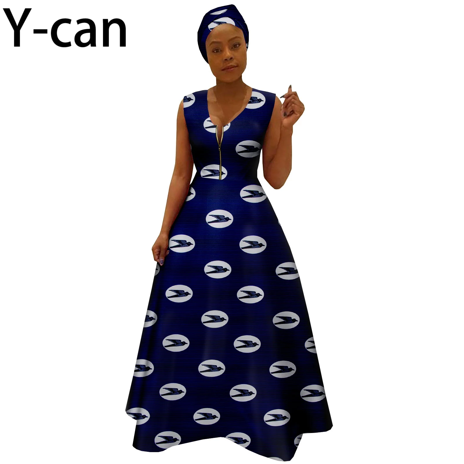 African Dresses for Women Sexy Vintage Summer V-neck Dashiki Print Sleeveless with Headwrap Bazin Riche Party Vestidos Y2225019