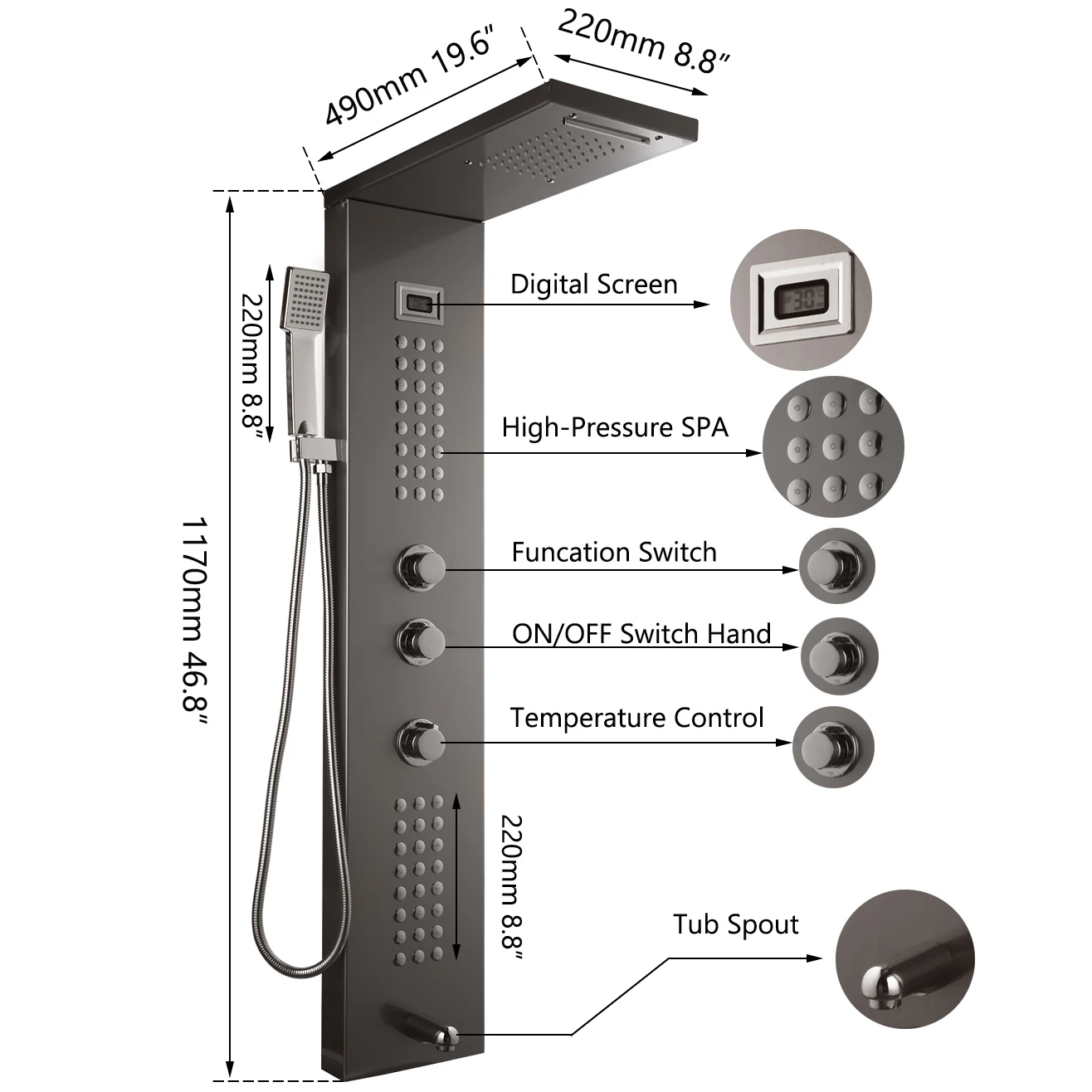 JIENI Black Digital Display Bathroom Wall Mounted Column Nickel Brushed Hand Shower Tub Massage Spa Jets Bath LED Panel Faucet