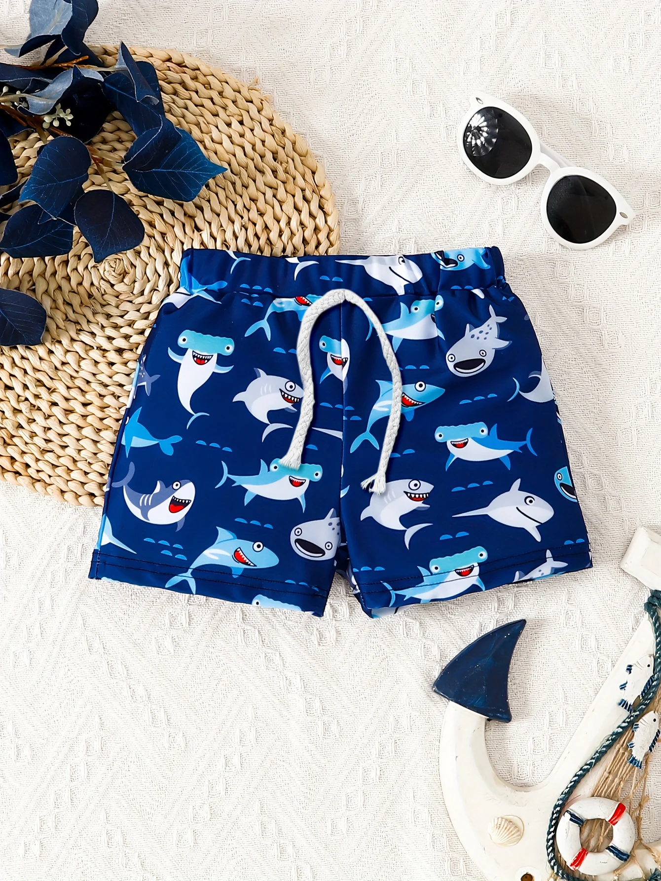 Sommer-Badehose für Kleinkinder, Jungen, 1–3 Jahre, Cartoon-Hai-Aufdruck, Kordelzug am Bund, schnell trocknende Badeshorts, Strandkleidung für Kinder