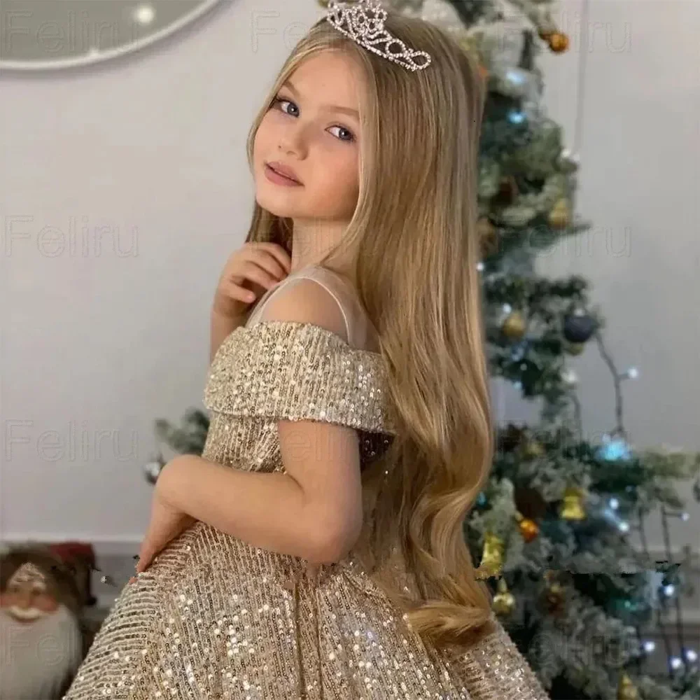 Gold Sequin Flower Girl Dresses Long Off Shoulder Wedding Party Birthday Dresses Child Pageant Evening Ball Gown for Girls