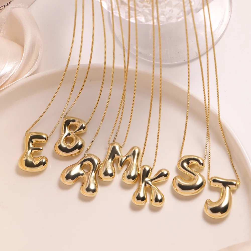 Gold Plated Balloon 26 Letter Necklaces Smooth Stainless Steel Bubble Initial Pendant Chunky Women Personality Chain Jewelry