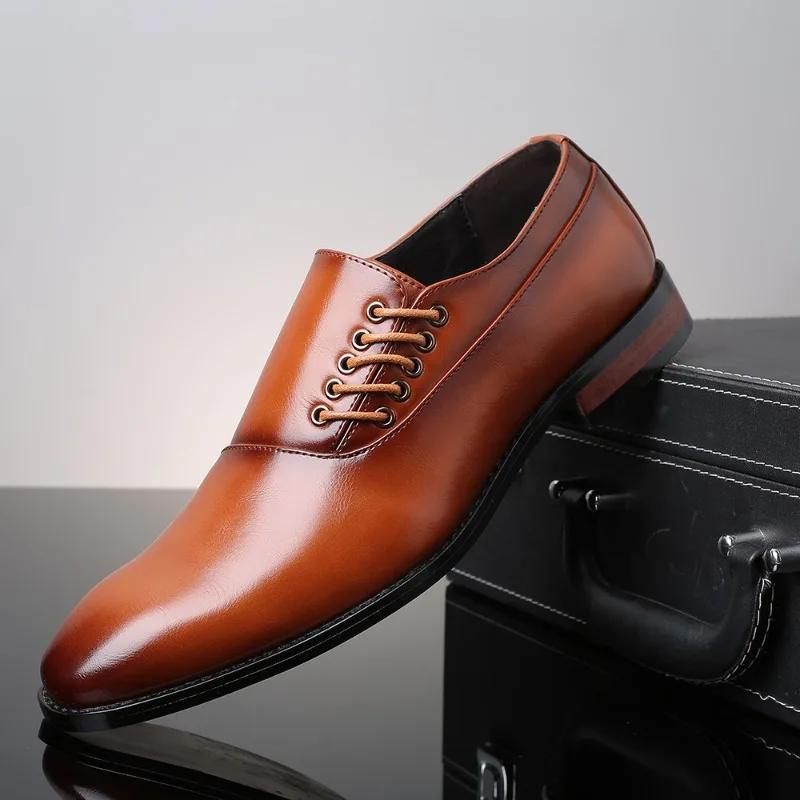 2025 New Men's Large Size Business Shoes Fashion Low-top Side Lace Up Mens Flat Heels Wedding Party Office Leather Casual Shoes