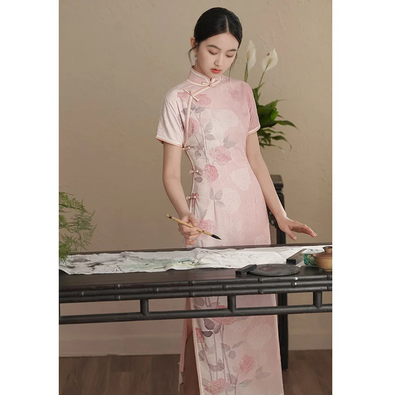 Pink Print Cheongsam Long Vestidos Women Cotton Chinese Style Dress Gown You Lady Summer New Qipao Improved Cheongsams