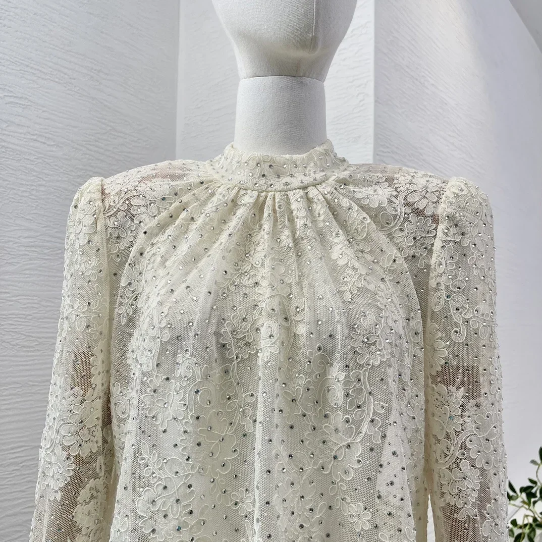 Women Lace Patchwork See Through Tops Irregular Hem Long Sleeve Stand Collar Diamonds Hook Flower Blouse 2024 New Design