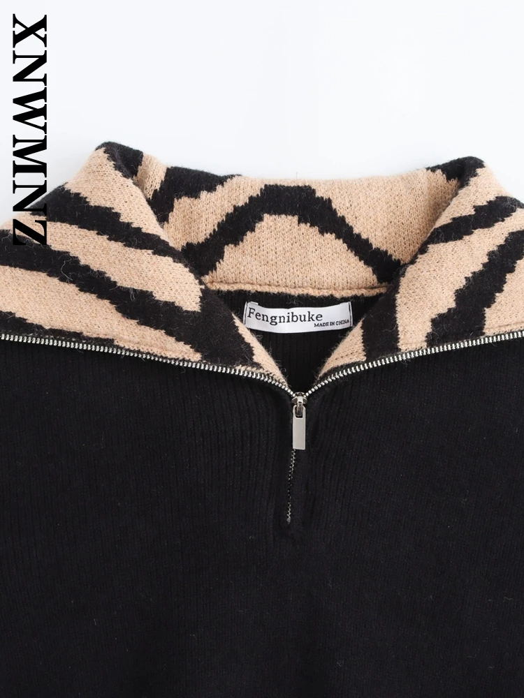 XNWMNZ 2024 Winter New Lady Chic Turn-down Collar Knitted Pullover Sweater Vintage Autumn Female Long Sleeve Jumper Top LEOPARD