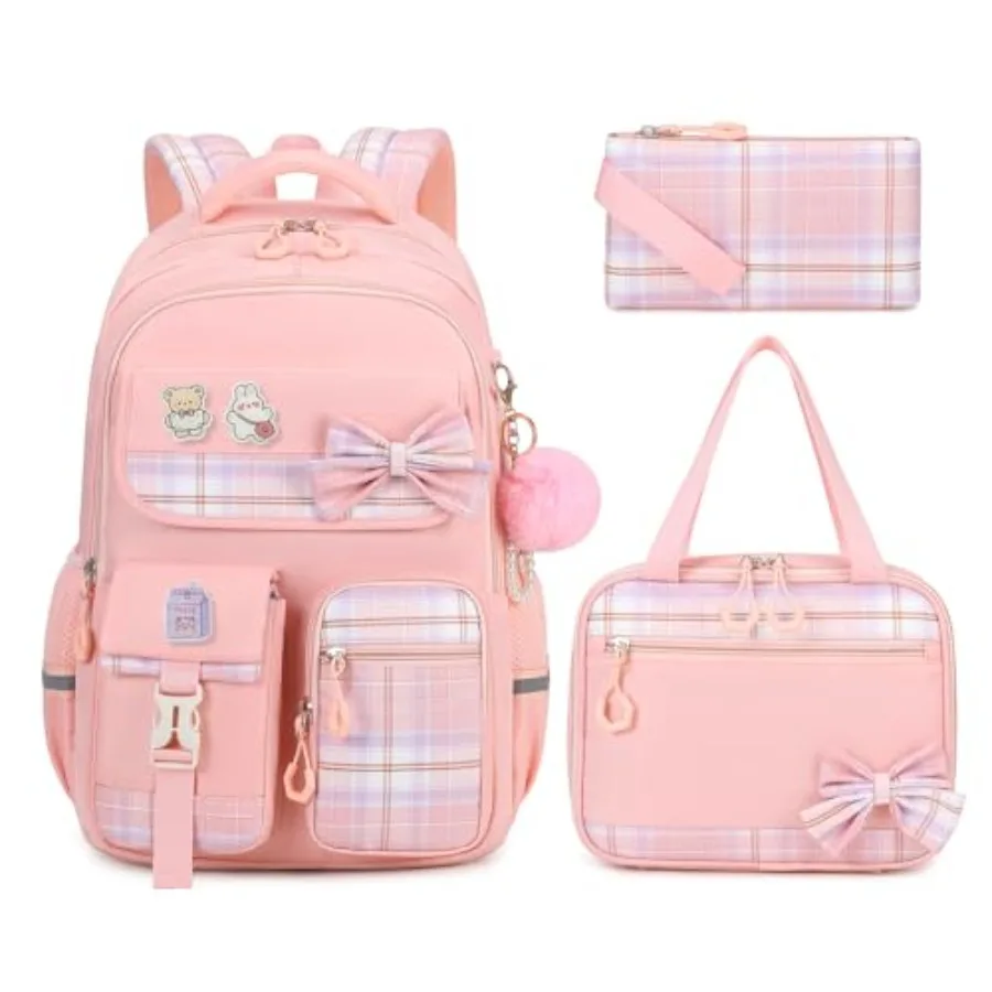 

Girls Backpack, Backpack for Girls School Bags with Lunch Bag and Pen Case, Bow Plaid Book Bag for Elementary Middle Primary Hi