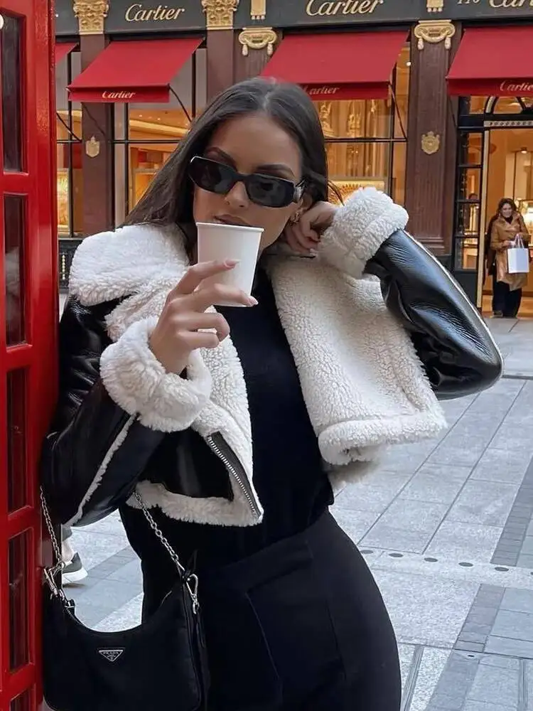 

Faux Leather Thicken Coppped Jacket Vintage Front Zipper Lapel Long Sleeve Coat Winter Women Warm Casual Outerwear