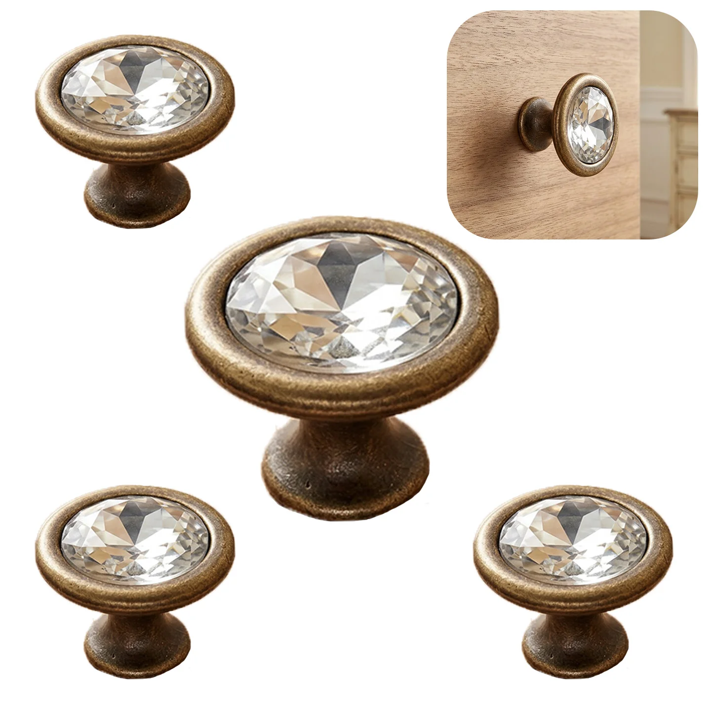 Antique Brass Crystal Cabinet Knob, Round Glass Drawer Knob for Wardrobe Cupboard Dresser Furniture Hardware