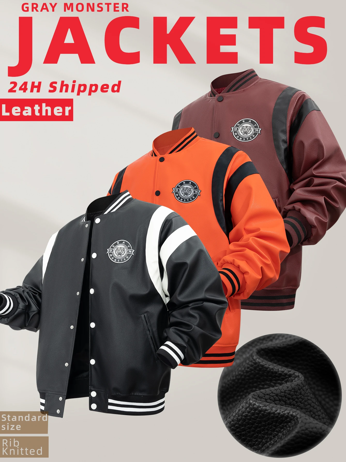 

Men's PU Faux Leather Jacket Tiger Pattern Button Up Biker Outerwear 24H shipped Spring&Autumn Varsity Loose Baseball Coats