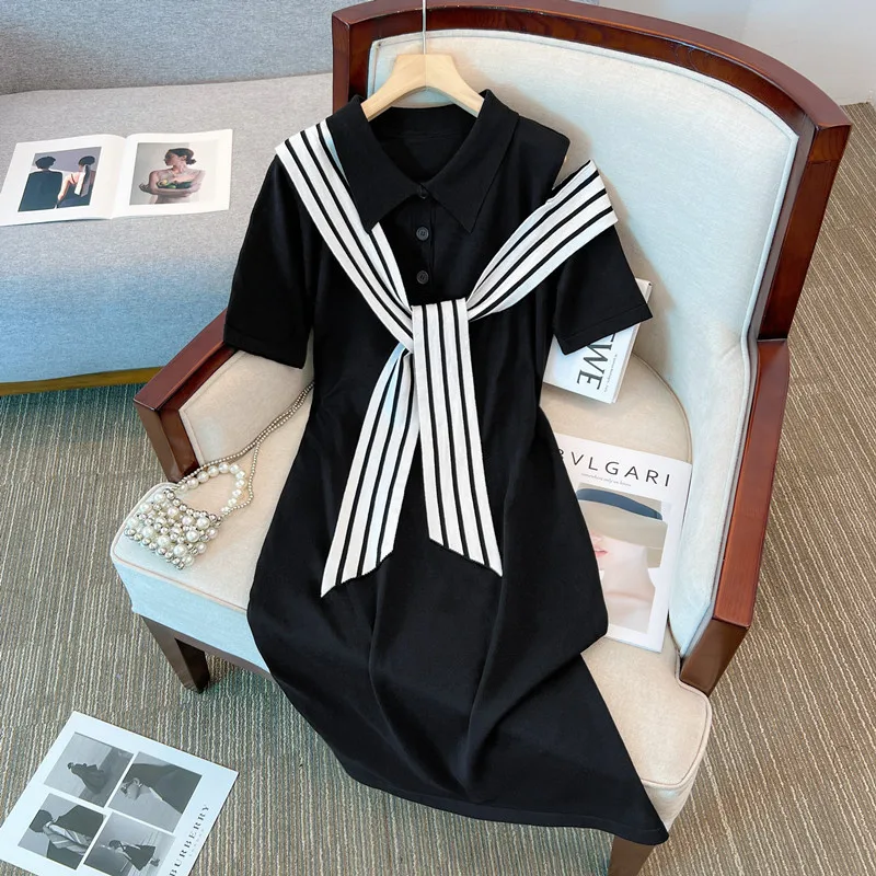 Knitted Mini Dresses For Women Spring Summer Female Polo Collar Short Sleeve Large Size Black Stripe Shawl Splice Loose Vestidos