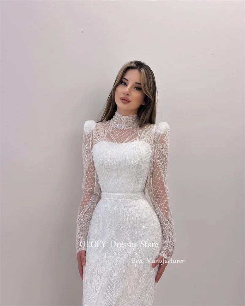 OLOEY Shiny Glitter Lace Mermaid Wedding Dresses With Detachable Train High Neck Luxury Women Bridal Gowns Vestidos de noiva