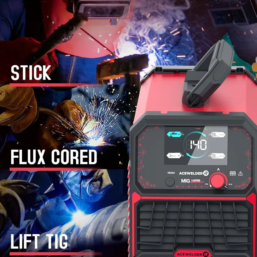 140A MIG Welder 3 in 1 Flux Core MIG/LIFT TIG/Stick Welding Machine 110V Portable IGBT Inverter Synergic Control with LED Displ