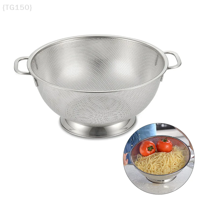 

【TG150】Stainless Steel Colander With Handle Kitchen Food Pasta Strainer Basket With Self-draining Solid Ring Base【WT】