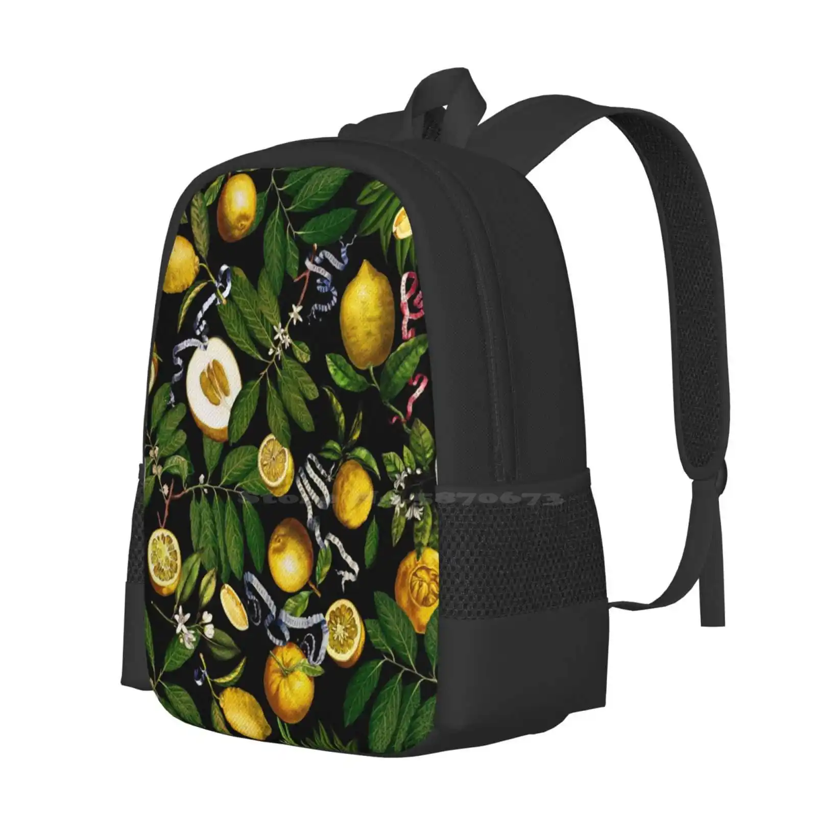 Lemon Tree-Black Fashion Pattern Design Travel Laptop School Backpack Bag Lemon Fruit Nature Exotic Tropical Jungle Summer