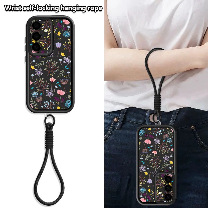 Retro Flowers Pattern Lanyard Phone Case For Samsung Galaxy S25 S24 FE S26 S24 S23 S22 Ultra S23 Plus S25 Edge Soft Strap Cover