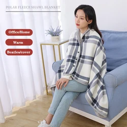 Warm Plaid Blanket With Button Shawl Wearable Blanket Home Office Travel Soft Fleece Throw Blankets Winter