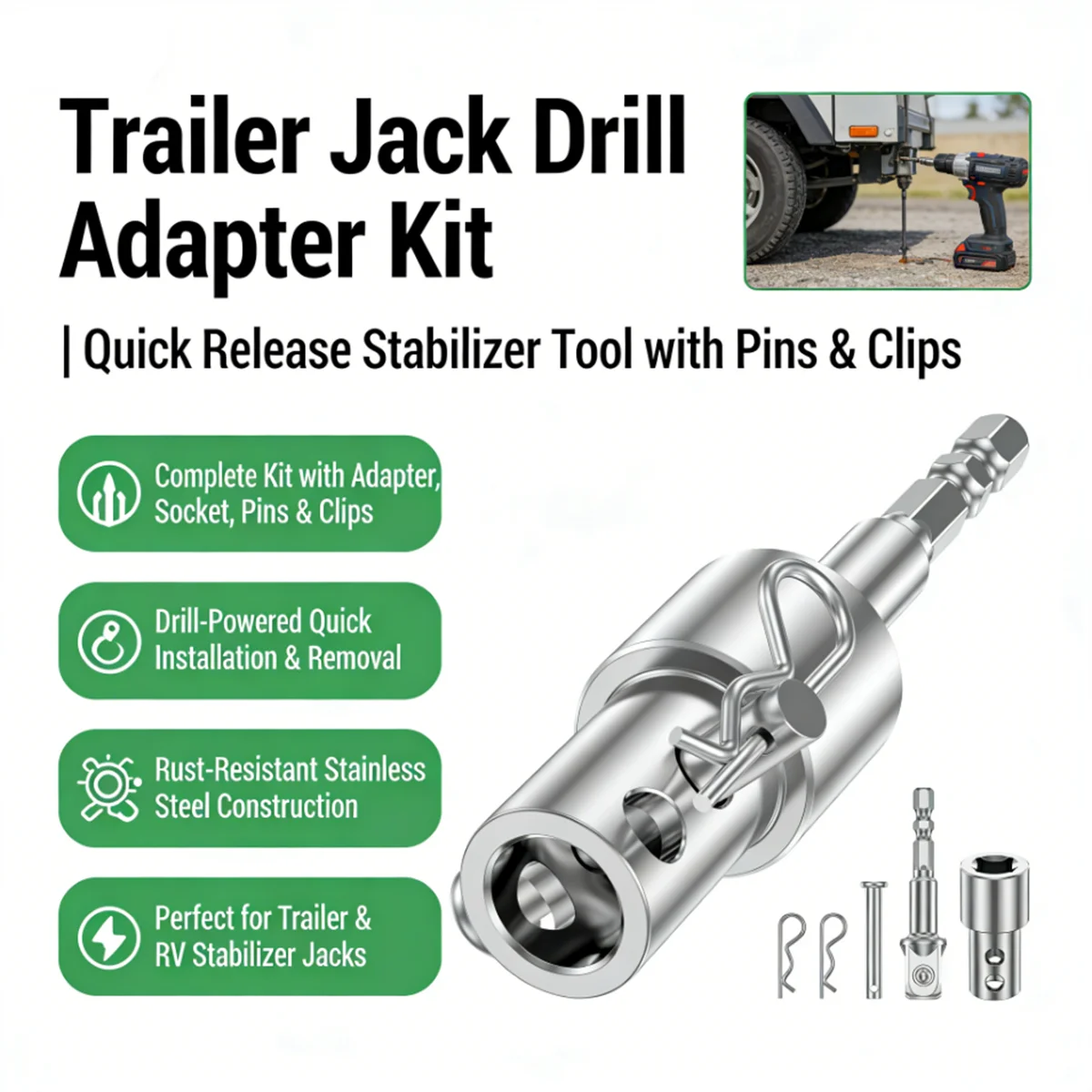 

Набор адаптеров для сверлильного инструмента с шестигранным хвостовиком для домкрата прицепа с пальцами и R-образными фиксаторами, адаптер для электрического дрели-домкрата для стабилизатора прицепа/автодома