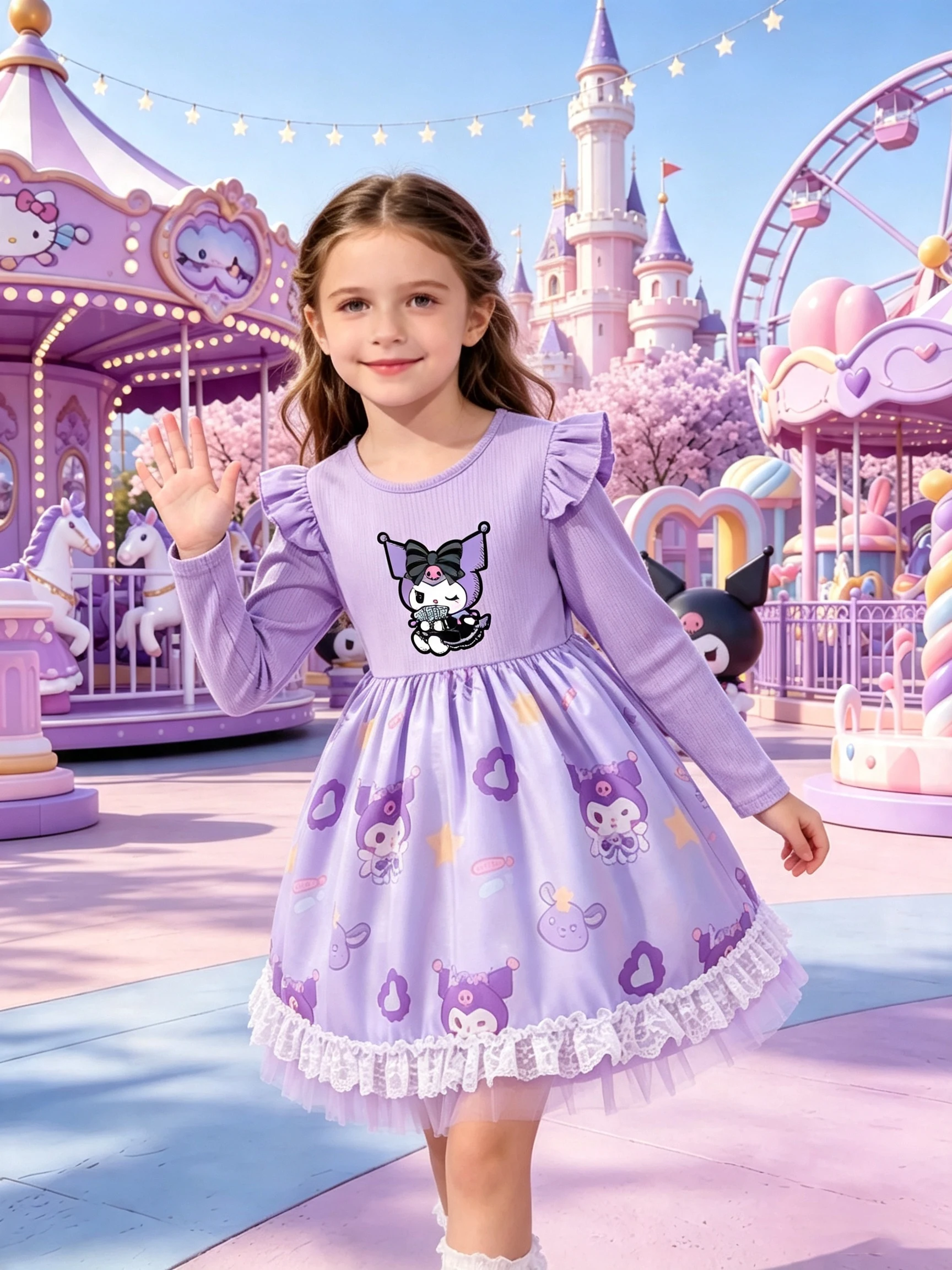 Girls' Kuromi Long Sleeve Mesh Princess Dress, Light Purple Flutter Sleeve Cartoon Print Lace Trim Kids Spring Autumn Dress