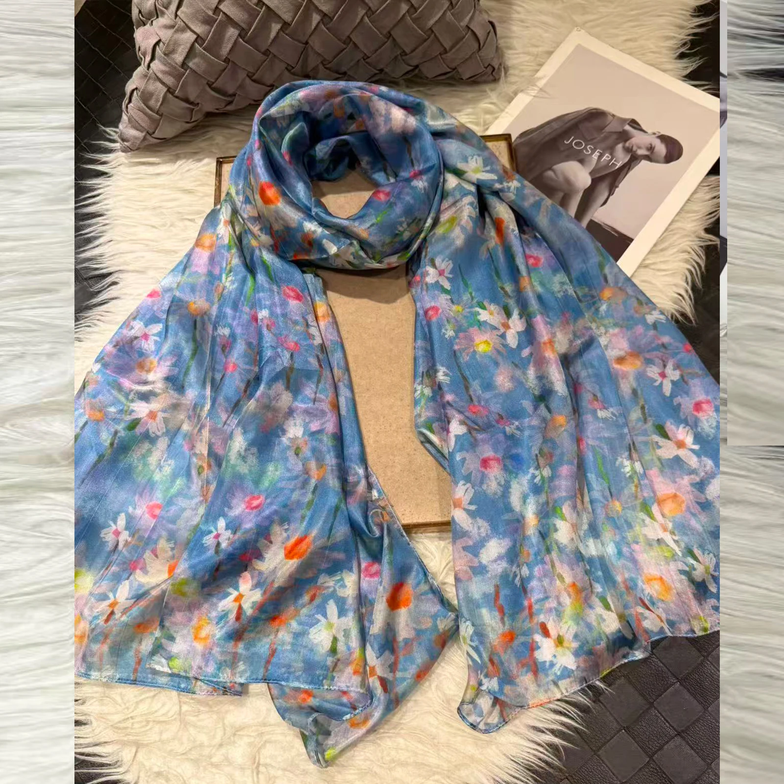 

Оранжево-синий женский шарф из 100% тутового шелка, элегантный длинный шарф из чистого шелка с цветочным принтом, летняя пляжная шелковая шаль, шарф-хиджаб Bufanda