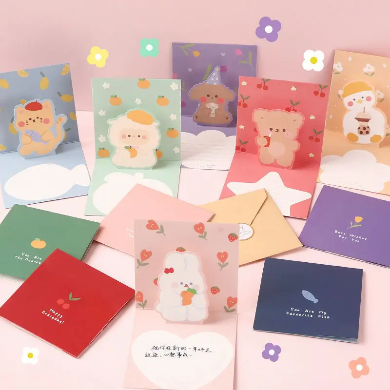 

Pop up style cute cartoon 3D folding gratitude Spring Festival greeting cards birthday wishes message handwritten DIY gifts card