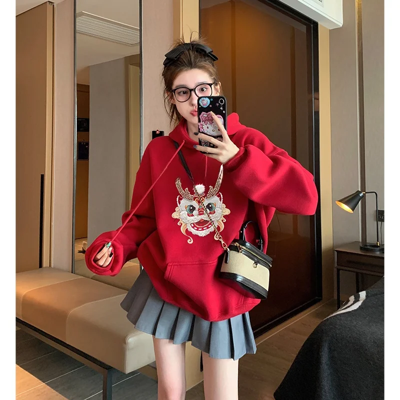

plus Size Hoodie Women's Thickened Fleece Red Dragon Year Sweatshirt Autumn Winter Casual Comfortable Breathable Streetwear