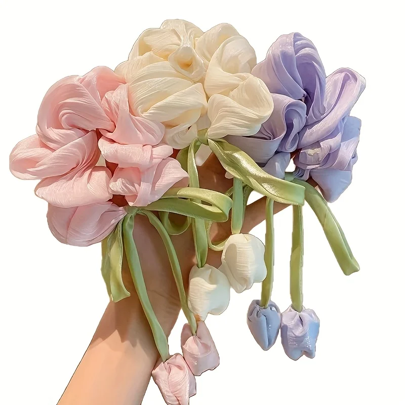 

3-х предметная резинка для волос с цветком тюльпана, тканевая повязка на голову с хвостиком, высокая эластичность, не повреждает волосы, подходит для женской повседневной носки.