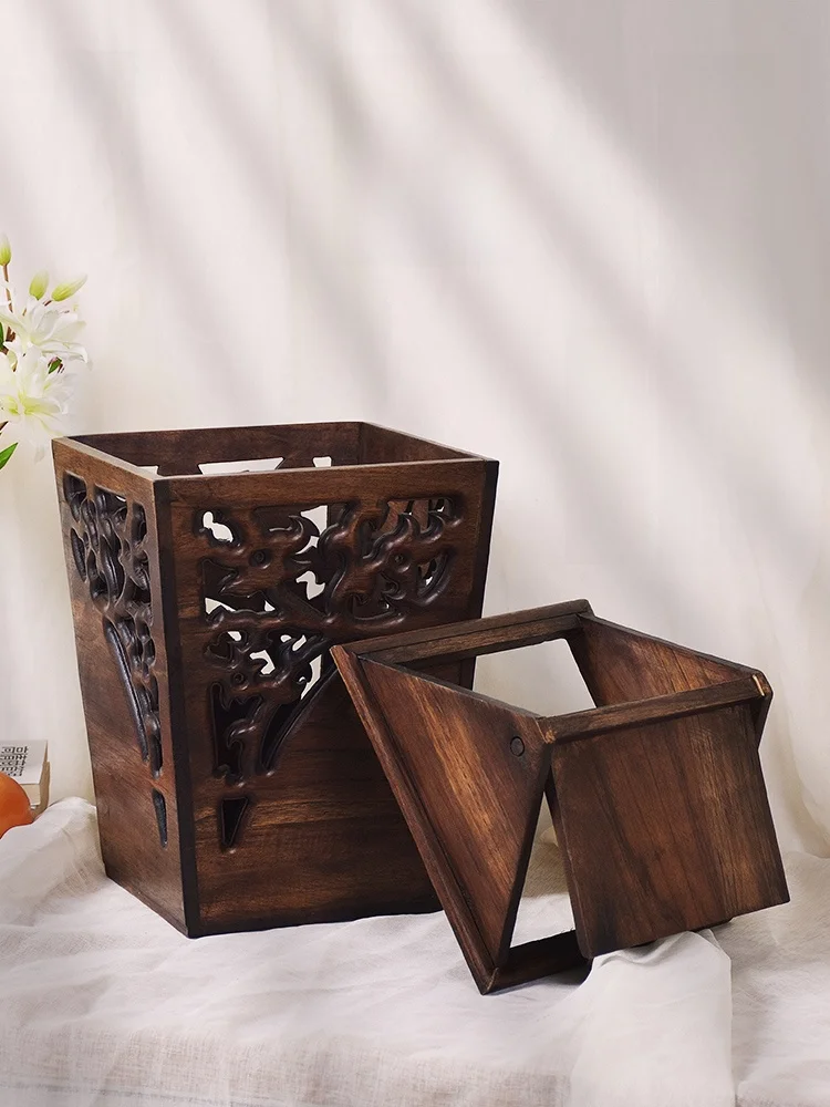 

Retro Style Wooden Trash Can Large Size Living Room Covered Flip Cover Waste Basket Southeast Asian Wood Chinese Style Bin