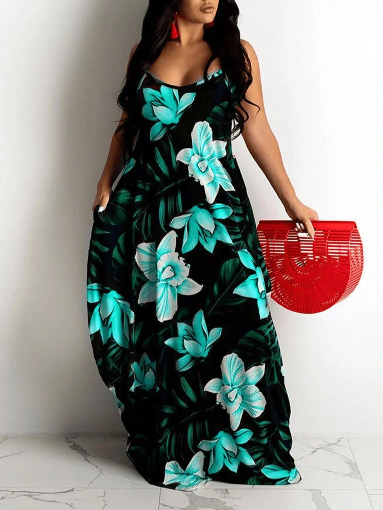 

Plus Size Summer Floral Leaf Print Maxi Dress Elegant Vacation Party