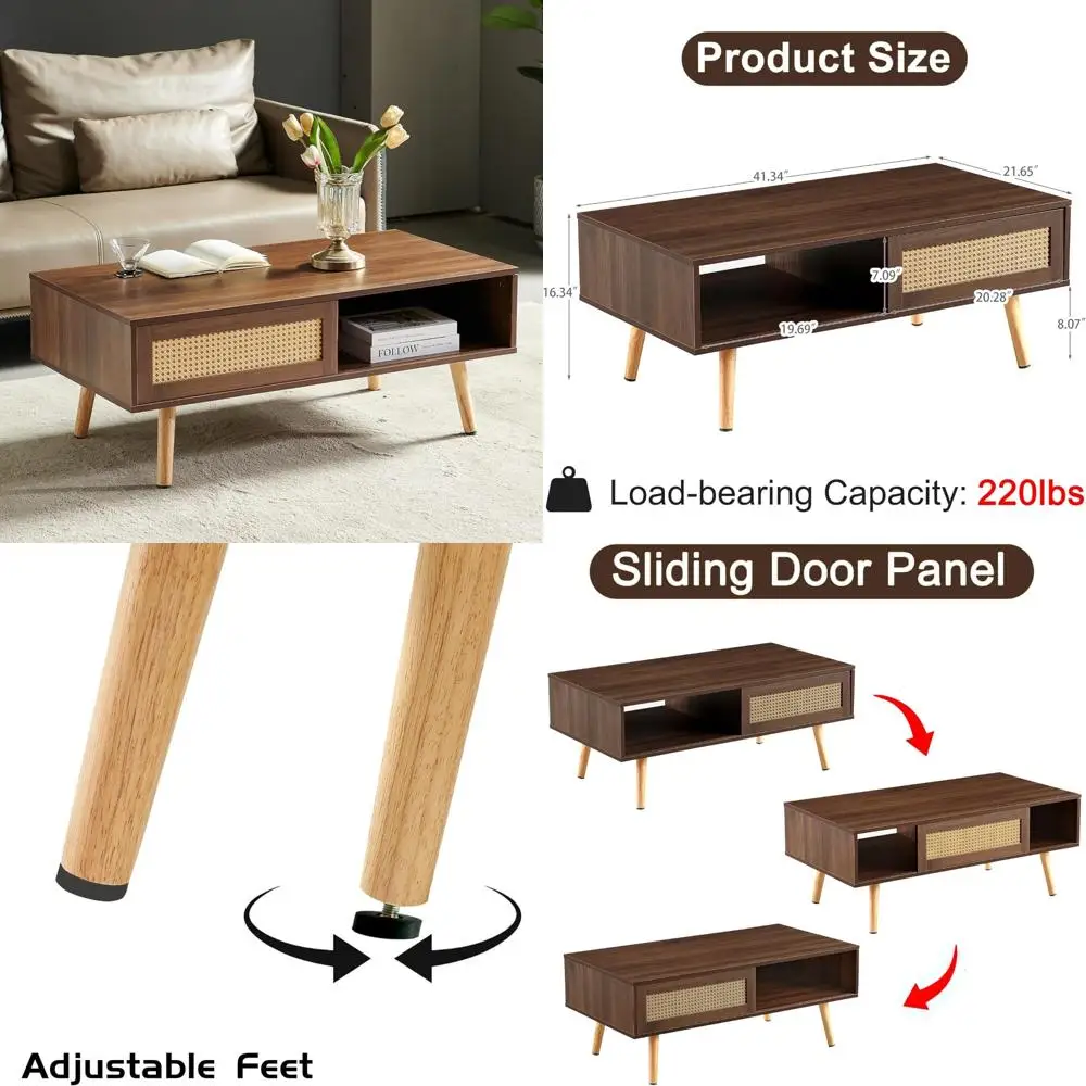 

Mid Century Modern Storage Coffee Table, 41.3 Inch Rectangular Wooden Accent Table with Sliding Rattan Door, Woven Design