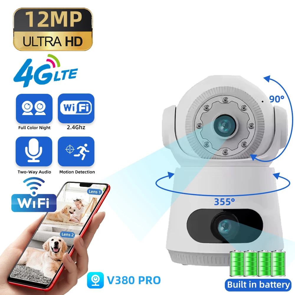 

12MP Dual Screens 4G/WiFi IP Camera 10x Optical Zoom PTZ Auto Tracking Color Night Vision Wireless Security Protection Monitor