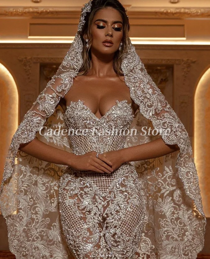 Сексуальные женские свадебные платья без бретелек с v-образным вырезом по индивидуальному заказу, роскошные свадебные платья русалки длиной до пола с кружевной аппликацией