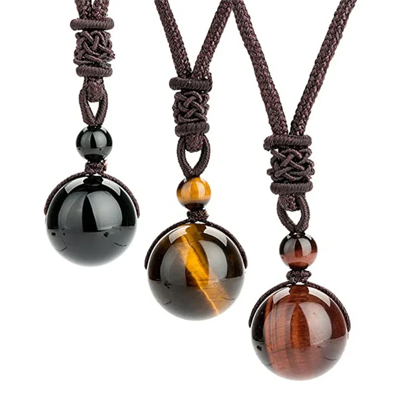 Healing Crystals Natural Stone 16mm Black Obsidian Tiger Eye Beads Stone Pendant Amethyst Lucky Amulet Crystal Pendant Necklace