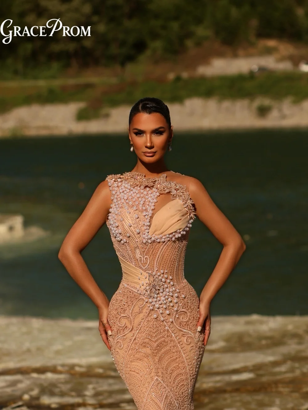 

Opulent Champagne Nude Beaded Party Dress 2026 Intricate Pearl Lace Applique On Mesh Evening Gown For Wedding Guests فساتين سهرة