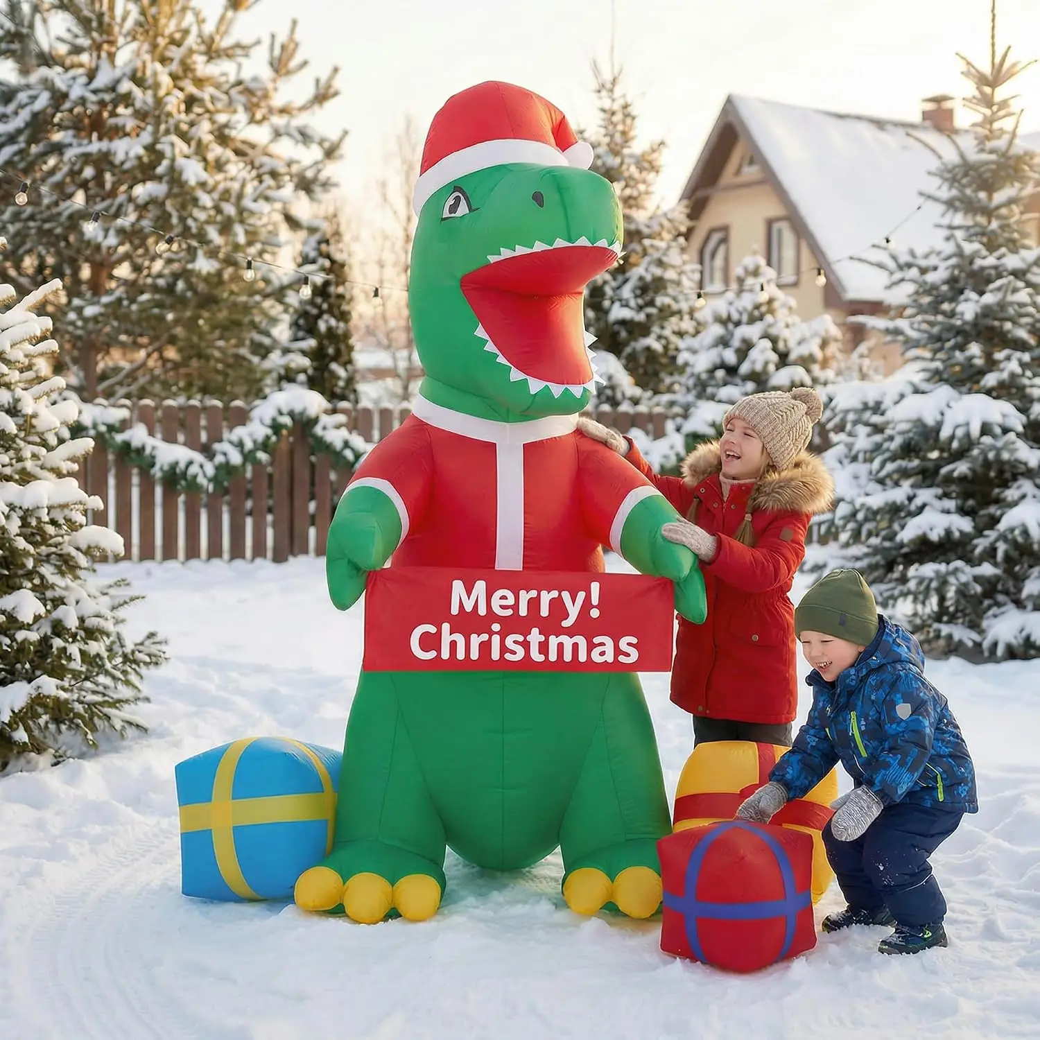 6ft Lighted Inflatable Christmas Dinosaur Outdoor Yard Decoration with Built-in LED & Air Blower - Weather-Resistant Holiday Lawn Display for Garden, Porch, Party