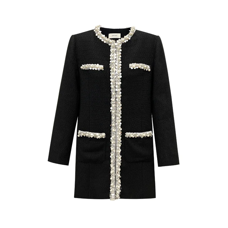 Women Spring French Small Fragrance Black Dress High Quality Long Sleeve O Neck Beaded Sequins Fashion Elegant Tweed Short Dress