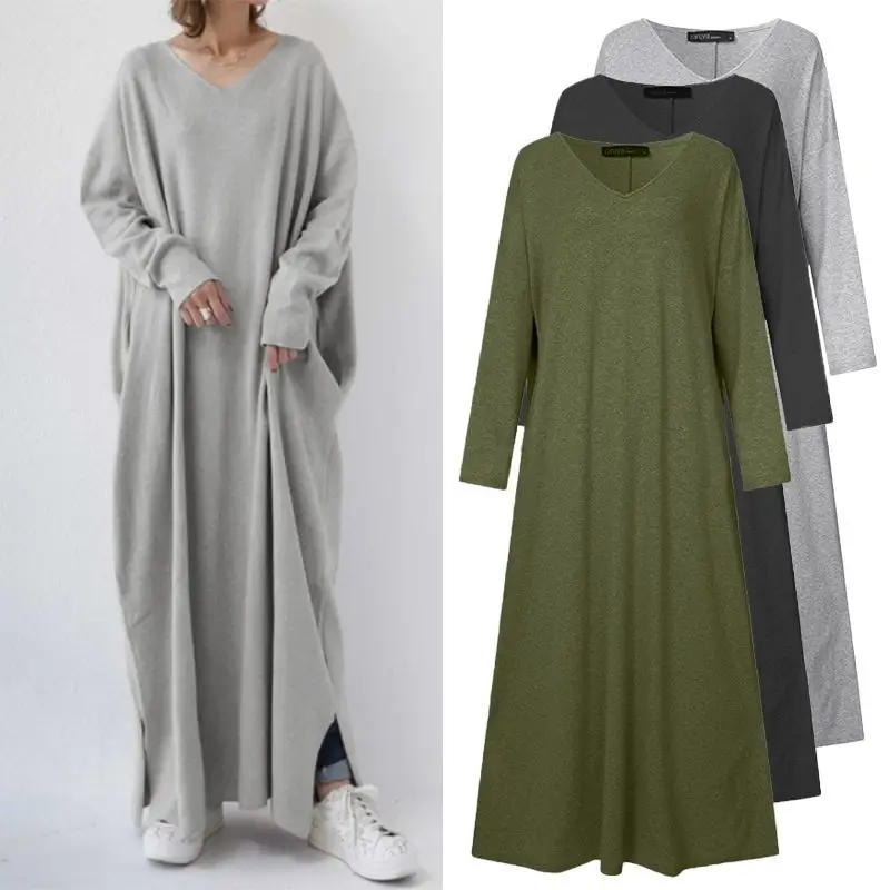 

Spring 2022 Muslim Abayat Dress Simple Urban Casual Underwear Knitted Long-sleeved V-neck Large Swing Women's Dress