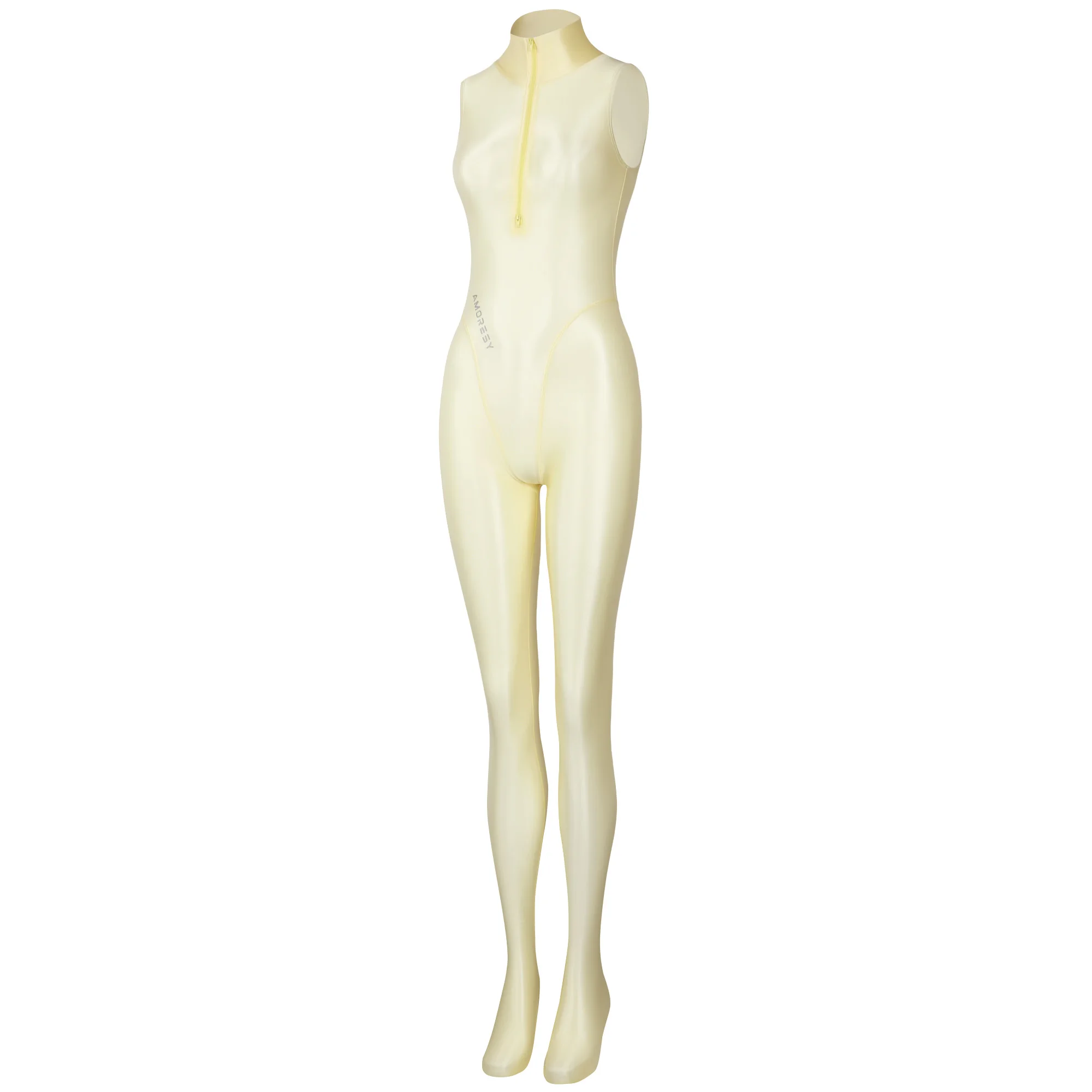 AMORESY dünner, glänzender, ölglatter, bidirektionaler Frontreißverschluss-Jumpsuit, einfarbiger, hochgeschlossener, ärmelloser Badeanzug – Detail 11