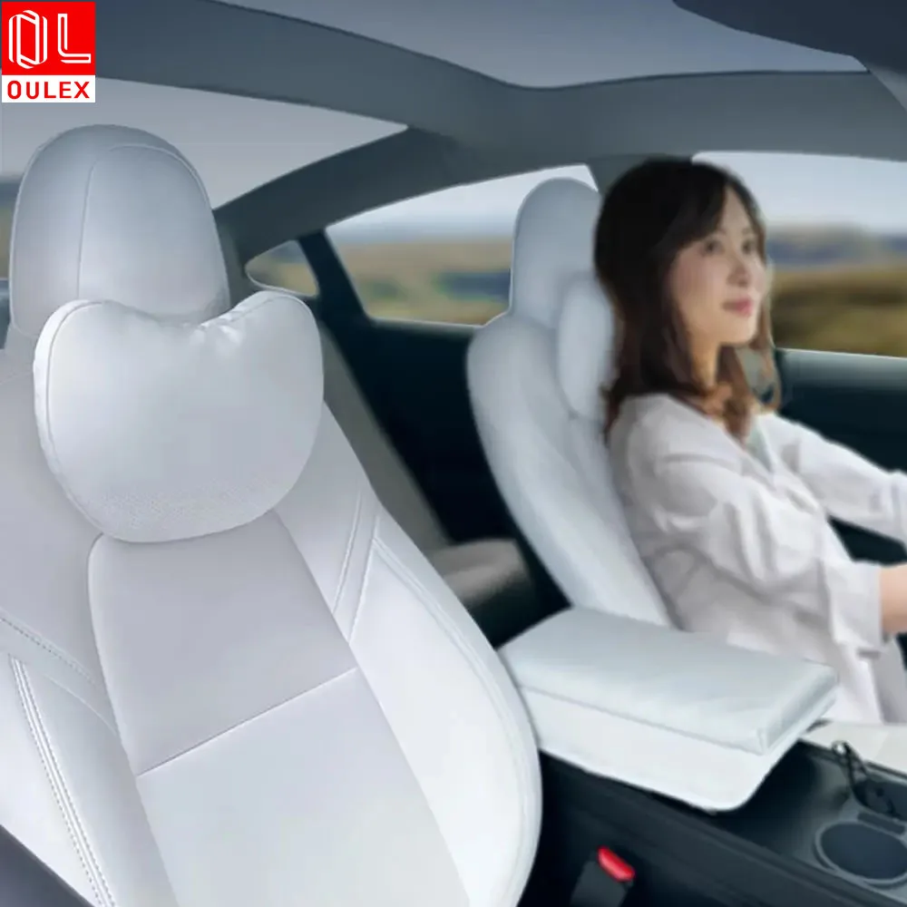 Oulex para tesla modelo 3 y reunindo/couro assento de carro pescoço travesseiro macio memória pescoço travesseiro de alta qualidade encosto de cabeça apoio lombar